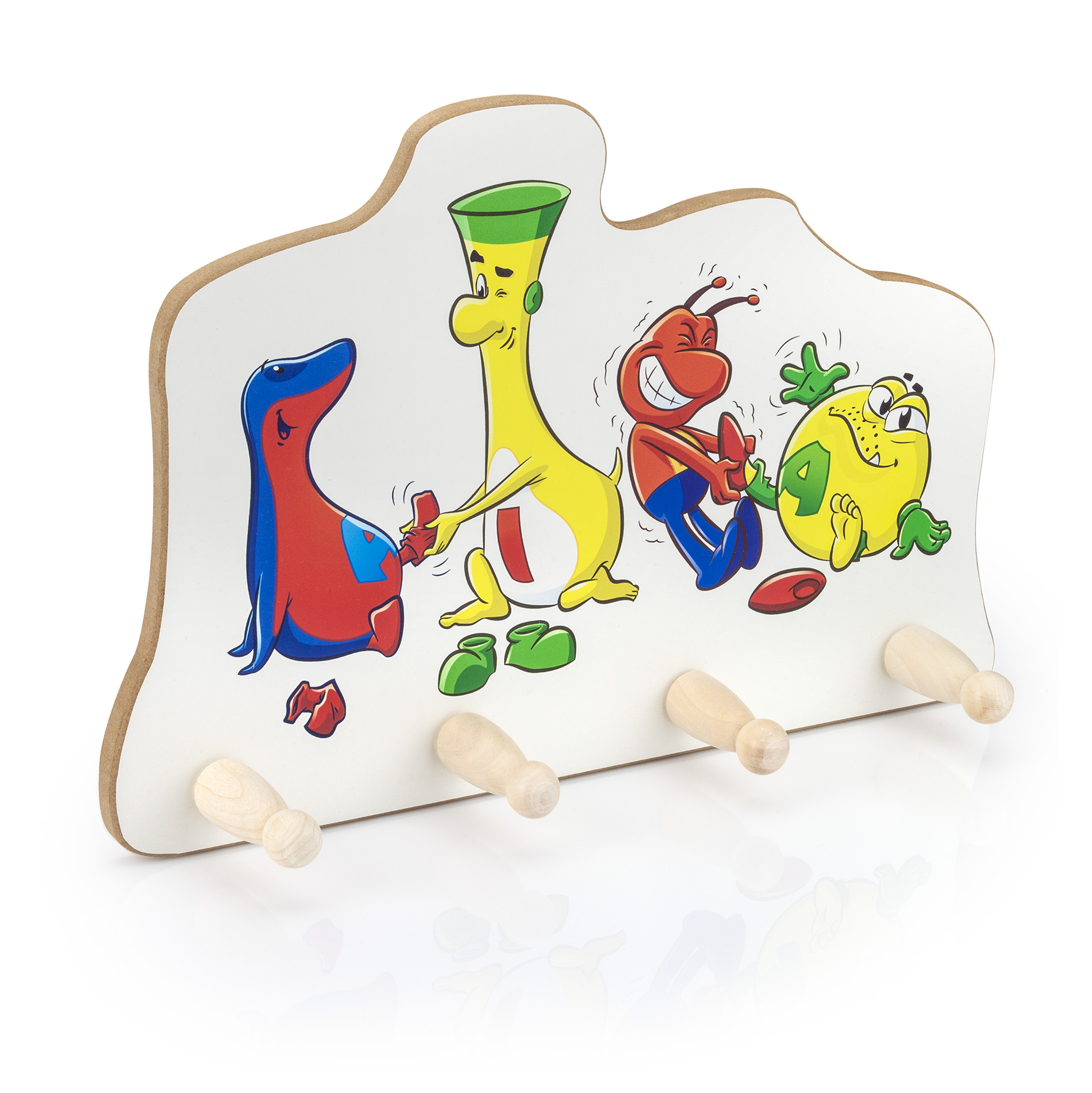 Holz-Garderobenleiste mit vier bunten Clubbie-Figuren (Dodo, Alwine, Itzi, Achwasachwas) als Aufhängemotive und vier stabilen Haken – Kinderzimmer-Accessoire.